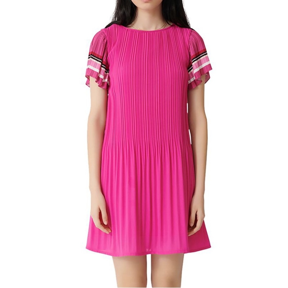 Maje Rolini Pleated Pink Striped Short Flare Sleeves Mini Dress Size 36 US Small